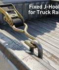 Bombproof 2 Inch Ratchet Buckle With Fixed J Hook Replacement Kit for Heavy Duty Tie Down Straps on truck rail.