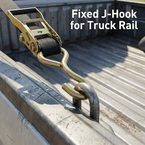 Bombproof 2 Inch Ratchet Buckle With Fixed J Hook Replacement Kit for Heavy Duty Tie Down Straps on truck rail.