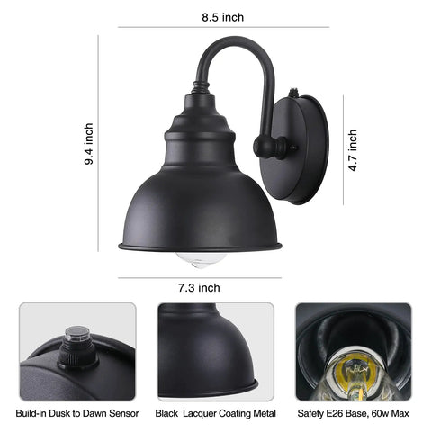 Gooseneck Barn Light With Dusk To Dawn Sensor Outdoor Old School Farmhouse Wall Sconce For Patio Porch Garage, Black Finish
