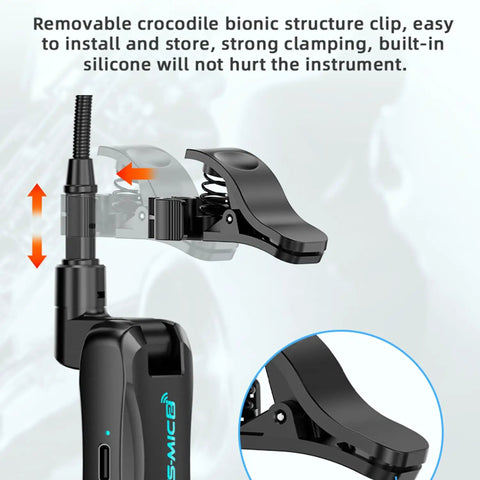 Two Point Four G Wireless Clip On Saxophone And Brass Instrument Microphone System showing removable crocodile clip.