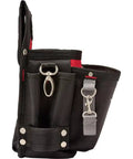 Straight Up Tough Electrician Work Pouch Made From Heavy Duty 1680 Denier Nylon With Puncture Resistant Pocket Quick Adjust Belt And Comfortable Hip Pad For Boss Level Tool Carry, side view showing pockets and clips.