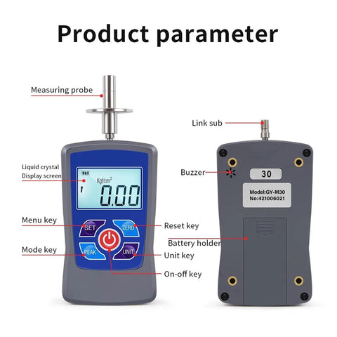 Digital Fruit Hardness Tester Handheld Sclerometer Penetrometer, featuring display screen and buttons for measurements.