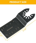 Black oscillating saw blade, 3.54-inch length marked on ruler, HCS for Wood, universal quick-release blade