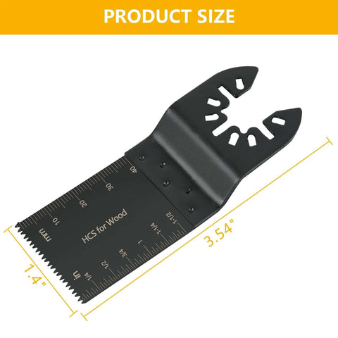 Black oscillating saw blade, 3.54-inch length marked on ruler, HCS for Wood, universal quick-release blade