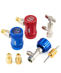 R1234yf Quick Couplers Kit with self sealing taps, high low pressure adapters, and valve core remover for HVAC hoses.