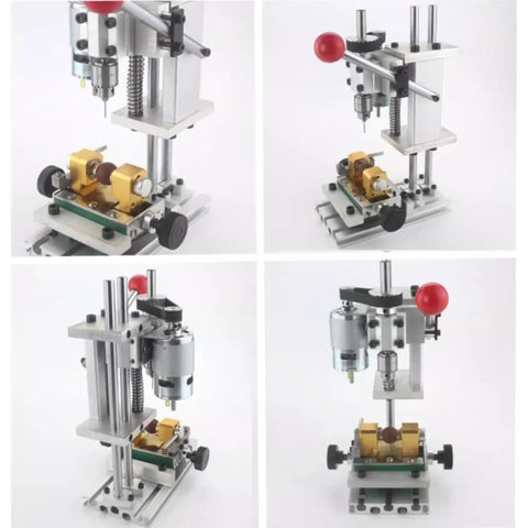 7-Speed Bench Drill Press For Jewelry Making Adjustable Hole Machine Drilling Ivory Silver Crystals Jade Agate Amber Crafts showing detailed assembly and motor.