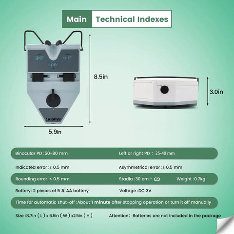 Digital Pupillometer For Eye Exams 50 To 80 Mm PD Meter With Auto Shutoff And Memory Function CE Approved Pro Grade Optical Tool For Eye Docs And Clinicians front and side view with dimensions