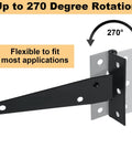 14 Pack 4 Inch T Hinge Heavy Duty Shed Door Hinges showing 270-degree rotation feature, black powder-coated iron construction.