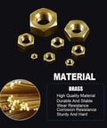 High Strength Brass Hex Nuts Set 160Pcs Metric M2 M2.5 M3 M4 M5 M6 M8 M10 Assortment Kit In Organized Plastic Box displayed with brass rods
