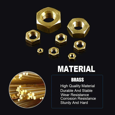 High Strength Brass Hex Nuts Set 160Pcs Metric M2 M2.5 M3 M4 M5 M6 M8 M10 Assortment Kit In Organized Plastic Box displayed with brass rods