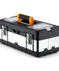 Badass Rugged Stainless Steel Tool Box With Dual Layer Garage Storage And Snappy Organizer Lid Tray For Screws side view with orange handle