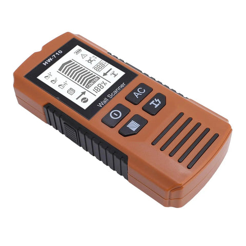 WALFRONT 3 Mode Stud Finder Wall Scanner, LCD Backlit Display with Auto, side view showing buttons and screen.