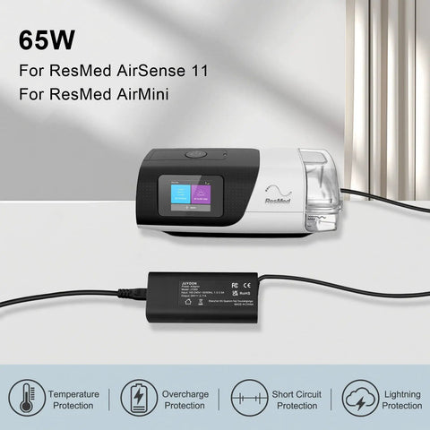 Beefy 65W 24V Power Supply For AirSense 11 CPAP Machines AutoSet Elite S11 ResMed Compatible Charger Cable Replacement Adapter Ideal For Spare Or Travel Use With 100 240V Input shown with CPAP machine.