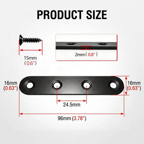 Built Tough Black Stainless Steel Mending Plates With Full Screw Kit Rock Solid Straight Brace Brackets showing dimensions and sizes.
