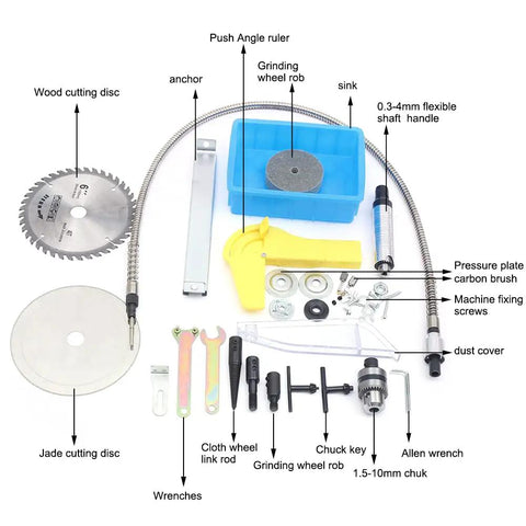 Components of Rock Polishing Buffer Machine For DIY Jewelry And Craft Lovers 750W 110V Mini Table Saw Lathe Polisher laid out with labels