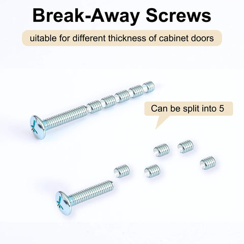 Break-away screws for Six Pack Gold Cabinet Knobs With Brushed Brass Finish, showing customizable length for different door thicknesses.