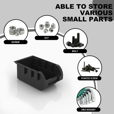 Wall Mounted Bolt And Screw Organizer Bins Set, Plastic Storage Bins For Garage, Red And Black 60 Piece Large Kit displayed with screws and nuts.