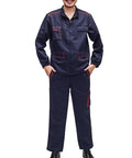 Men Long Sleeve Work Jacket And Pants Set Premium Poly Cotton Industrial Maintenance Engineer Uniform Real Deal Daily Grind Ready Utility Outfit In 3X Large Size Option, navy blue with red stitching.
