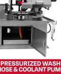 Badass 10 X 18 Inch Metal Cutting Dual Miter Horizontal Band Saw Featuring 2Hp 230V One Phase Motor Hydraulic Feed and Blade Sensor showing pressurized wash hose and coolant pump.