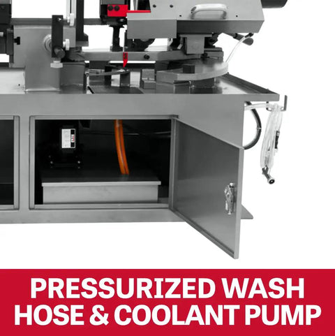 Badass 10 X 18 Inch Metal Cutting Dual Miter Horizontal Band Saw Featuring 2Hp 230V One Phase Motor Hydraulic Feed and Blade Sensor showing pressurized wash hose and coolant pump.