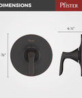Dimensions of Weller Single Handle Shower Valve Trim Kit In Tuscan Bronze Finish For OX8 Series, front and side views