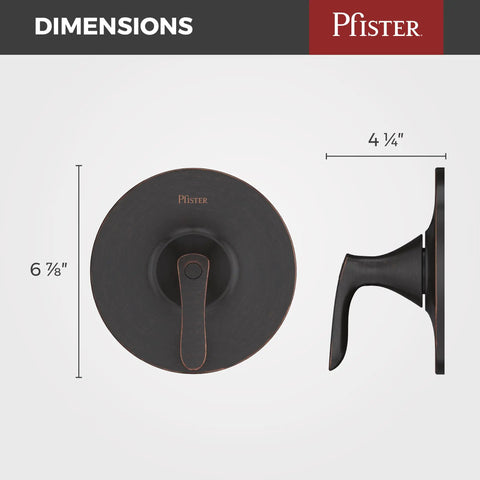 Dimensions of Weller Single Handle Shower Valve Trim Kit In Tuscan Bronze Finish For OX8 Series, front and side views
