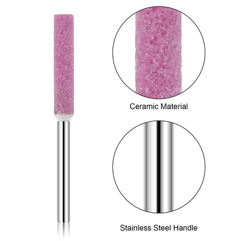 Close-up of a pink grinding burr stone with stainless steel shank, part of 50 Pcs Chainsaw Sharpener Bits With Box Set For Chain Saw Maintenance.