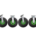 No Sweat Mobility 10 Inch Pneumatic Casters Set Of 4 With 2 Swivel And 2 Rigid Options Premium Rubber Tires Galvanized Stands showing four black and green rubber tires