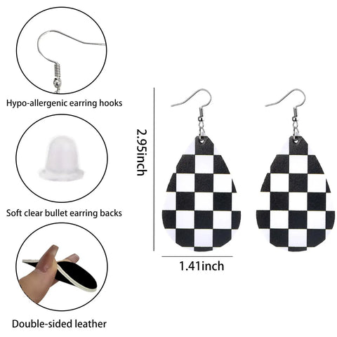 Hella Chic Women Checkerboard Earrings Soft Leather Dangle Teardrop Drops Black And White Checkered Pattern Lightweight Daily Wear Jewelry Gift For Her, 2.95 inch long.