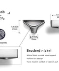 Diagram showing Six Pack Brushed Nickel Triangular Cabinet Knobs With Open Center Design; details include dimensions and no fingerprint feature.