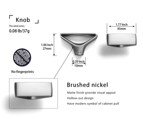 Diagram showing Six Pack Brushed Nickel Triangular Cabinet Knobs With Open Center Design; details include dimensions and no fingerprint feature.