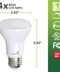 4 Pack BR20 LED Bulbs 3000K Soft White 6W Equal 50W, dimensions 2.50x3.82 inches, energy labels, UL Listed, CRI 90+