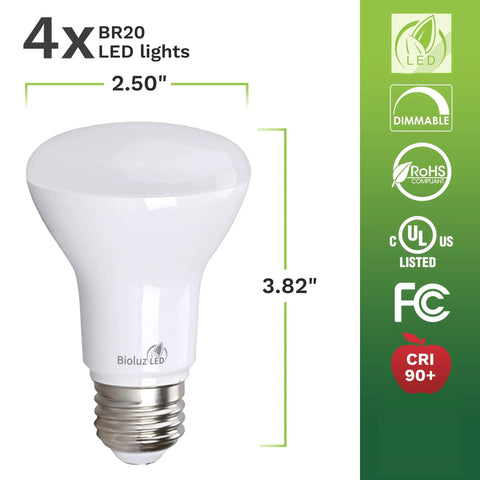 4 Pack BR20 LED Bulbs 3000K Soft White 6W Equal 50W, dimensions 2.50x3.82 inches, energy labels, UL Listed, CRI 90+