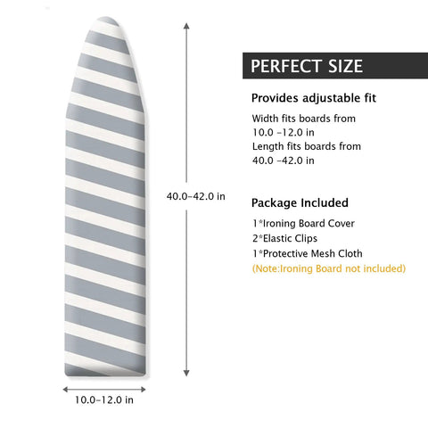 Illustration of Beefed Up Heavy Duty Ironing Board Cover And Pad With Pull Bungee Fit System dimensions and package contents