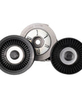 Heavy Duty Serpentine Drive Belt And Tensioner Assembly Replacement Kit, two black pulleys and metal tensioner