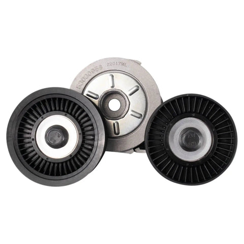 Heavy Duty Serpentine Drive Belt And Tensioner Assembly Replacement Kit, two black pulleys and metal tensioner