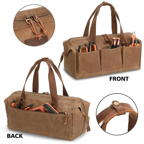 Heavy Duty 18 Inch Waxed Canvas Tool Bag With 12 Spacious Pockets Large Zippered Organizer Built Tough For The Daily Grind Soft Grip Handle Portable Workhorse For Tradesmen