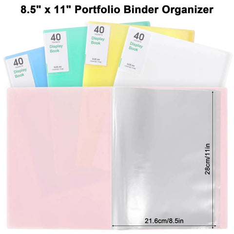 60 Pocket Portfolio Binder Organizer With Clear Sheet Protectors For 8.5 By 11 Inches Documents Holds 120 Pages Handy Office School Art And Concert Binder Pink Pro Grade Organization with pastel cover and transparent sheet. Measurements visible on image.