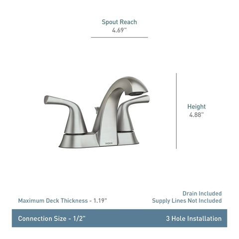 Spot Resistant Brushed Nickel Two-Handle 4-Inch Centerset Bathroom Faucet For 3-Hole Sinks With Aerated Water, Easy Temperature Control