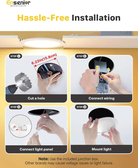 Four-step installation guide for Sixteen Pack 6 Inch LED Recessed Downlights Dimmable Easy Install 5 CCT 2700K to 5000K 1050 Lumens 12W