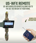 Rock Solid Wireless Crane Scale With 40000 Lb Capacity And Vivid Lcd Panel Plus Broad Signal Remote For Heavy Duty 300 Ft Loads That Handle All The Beatings No Problem Ever, displaying LCD readout with wireless remote.