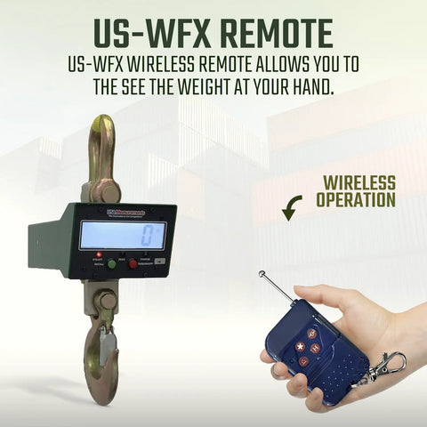 Rock Solid Wireless Crane Scale With 40000 Lb Capacity And Vivid Lcd Panel Plus Broad Signal Remote For Heavy Duty 300 Ft Loads That Handle All The Beatings No Problem Ever, displaying LCD readout with wireless remote.