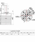 Technical diagram of 36mm Planetary Gearbox For 555 545 3650 DC Motors with dimensions and components.