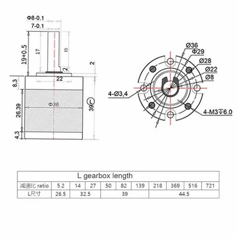 Technical diagram of 36mm Planetary Gearbox For 555 545 3650 DC Motors with dimensions and components.