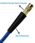 Close-up of 1/4 inch industrial fitting and bend restrictor on Heavy Duty 1/4 Inch By 25 Foot Hybrid Air Hose With 300 PSI Burst Strength
