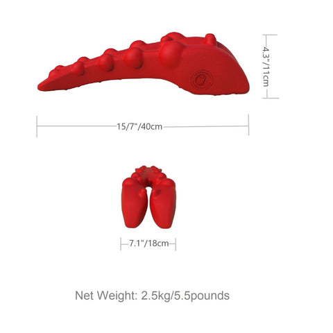 Red trapezius massager, 15.7-inch silicone tool for neck and upper back pain relief, designed for trigger point therapy.