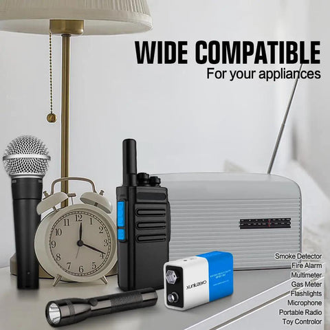 Stock Up On These 4 Pack 9V Batteries For Smoke Detectors Alarms Wireless Doorbells And Electronics They Bring Heavy Duty Reliability Smoothly Without The Hassle, displayed with various appliances like a clock and microphone.