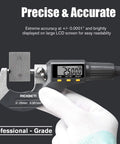 Digital Micrometer For Inch And Metric Measurements With 0 To 1 Inch Range and Large LCD Display, held in gloved hand.