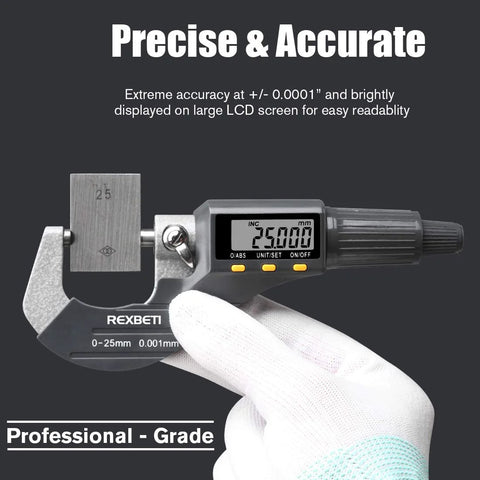 Digital Micrometer For Inch And Metric Measurements With 0 To 1 Inch Range and Large LCD Display, held in gloved hand.