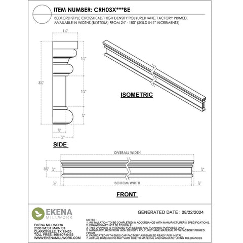 Diagram showing Crosshead Molding Bedford Style, Factory Primed Polyurethane, for Exterior or Interior, lightweight and durable.